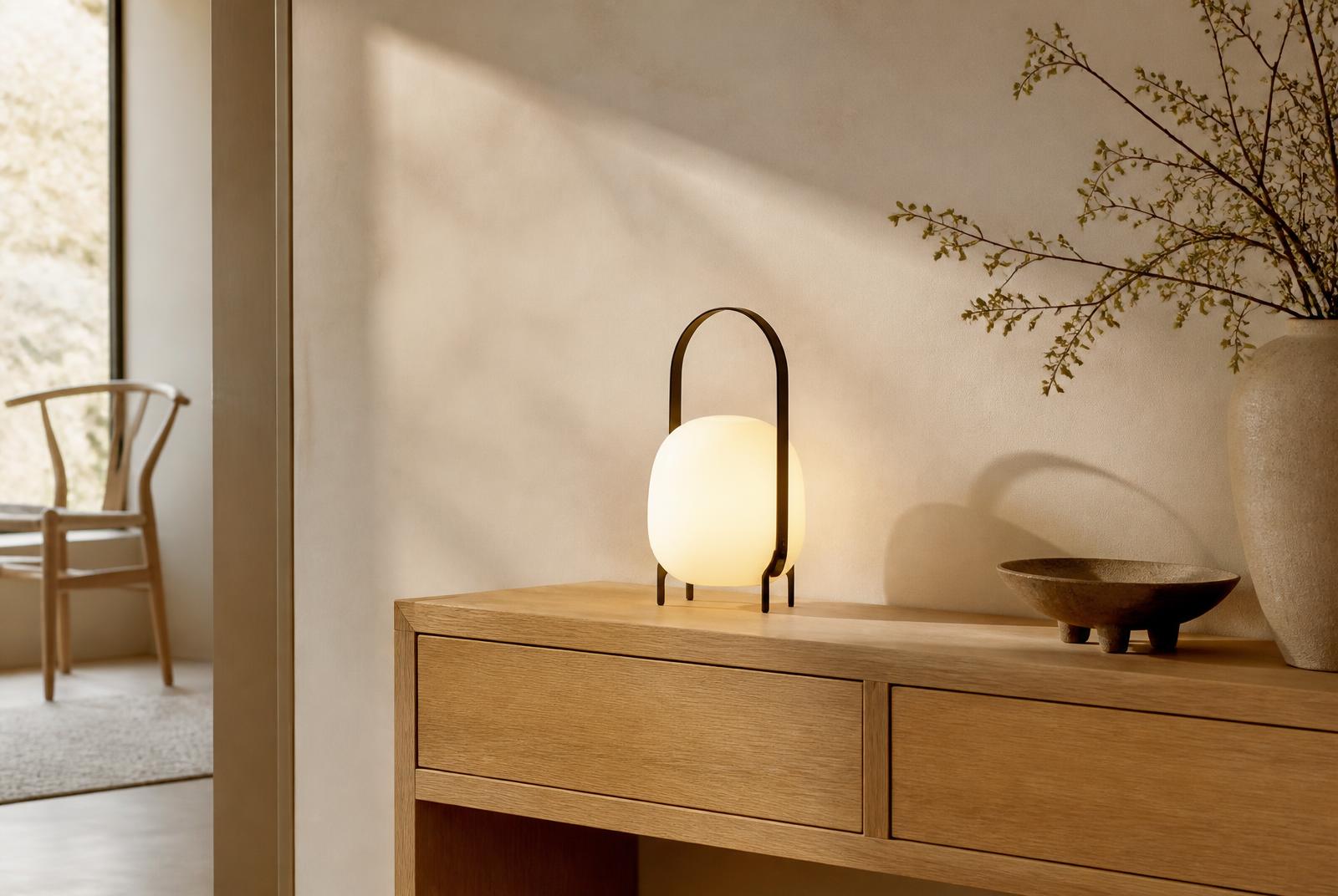 Portable opal glass lamp glowing on an oak console in a quiet Scandinavian interior