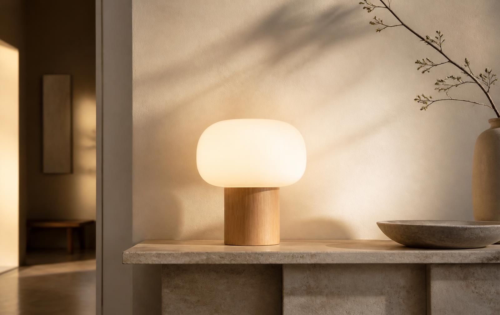 Opal glass table lamp glowing on a travertine console beside a stone bowl
