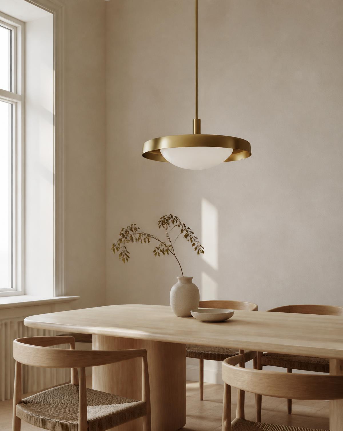 Brushed brass pendant lamp with opal diffuser above a pale oak dining table
