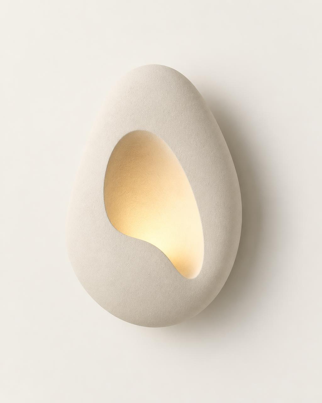 Sculptural off-white wall lamp with warm glow on a plain warm background